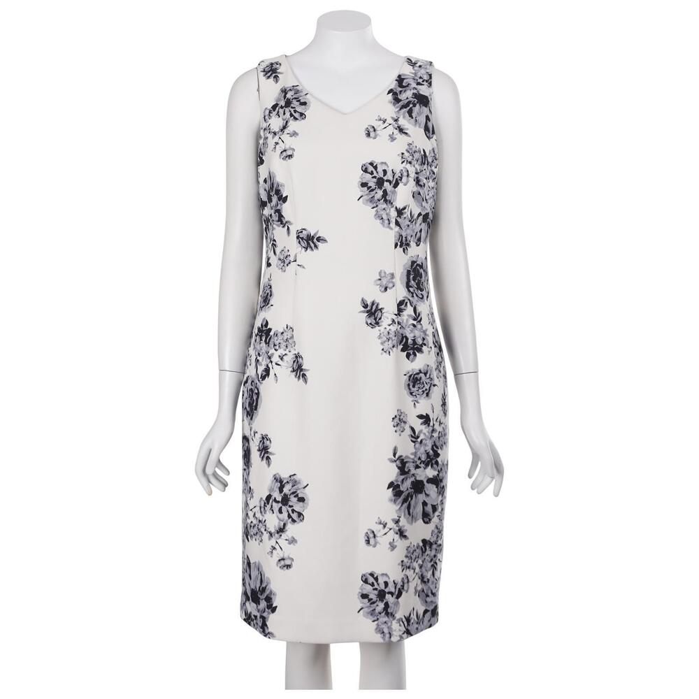 Talbots Dress 8P White Gray Floral Print Sheath Sleeveless V-Neck Lined